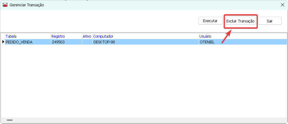 Tela Gerenciar Transação com botão Excluir Transação destacado