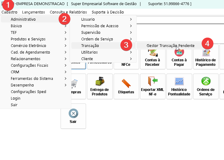 Menu de navegação para Gestor Transação Pendente