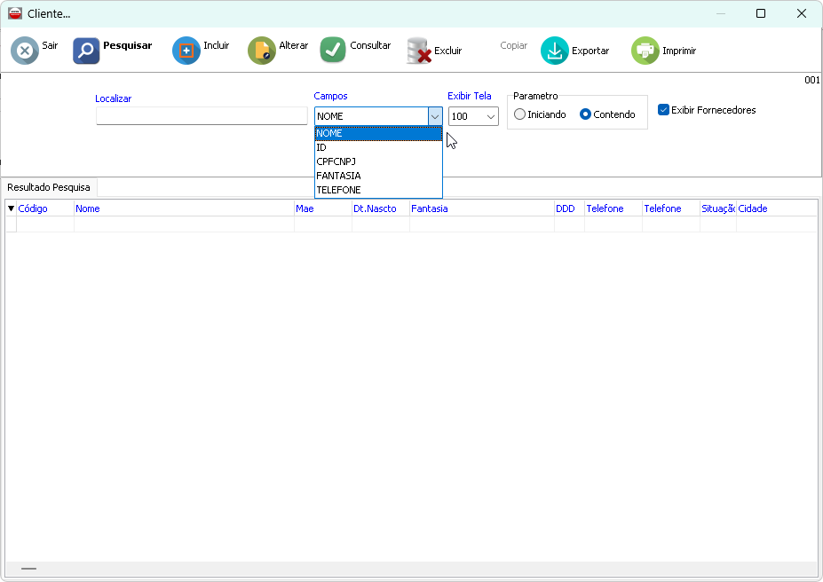 Tela de Pesquisa de Clientes