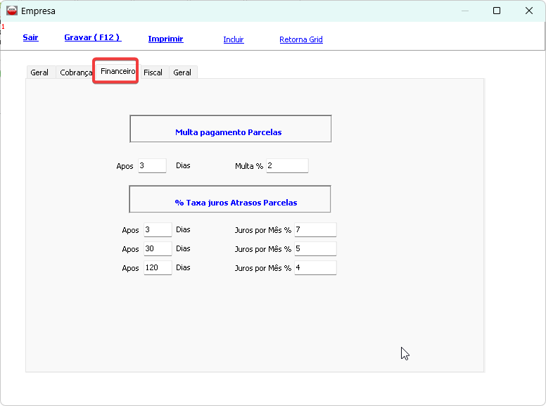 Tela de Configuração de Financeiro da Empresa