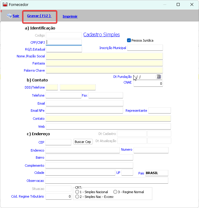 Formulário de Cadastro de Fornecedor