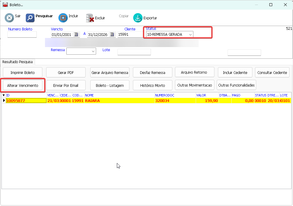Tela de pesquisa de boletos com filtro de status