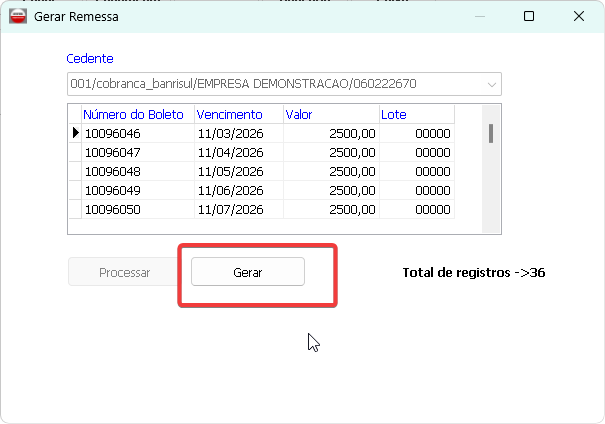 Lista de boletos para remessa