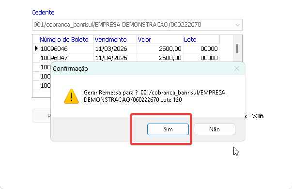 Confirmação de geração da remessa