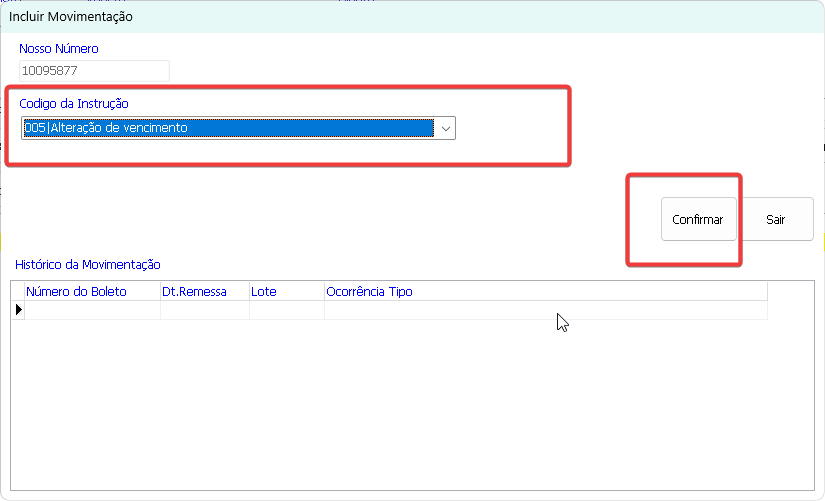 Tela de inclusão de movimentação
