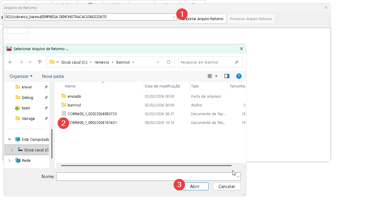 Seleção do arquivo de retorno