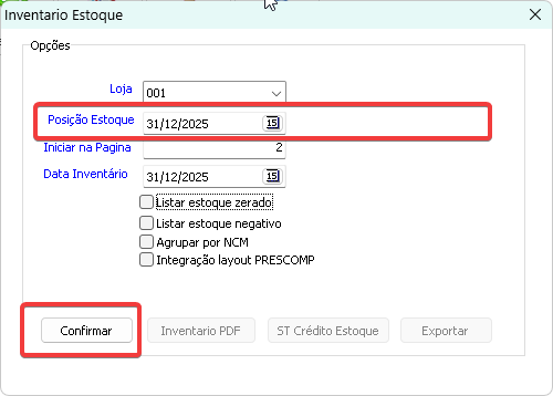 Tela de Inventário de Estoque