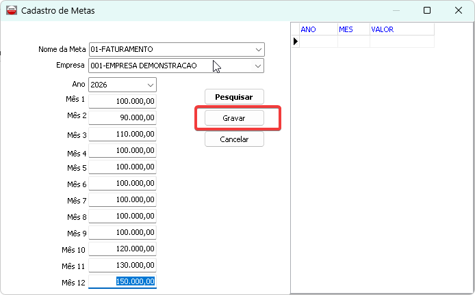 Tela de Cadastro de Metas