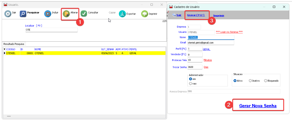 Sequência para mudar senha