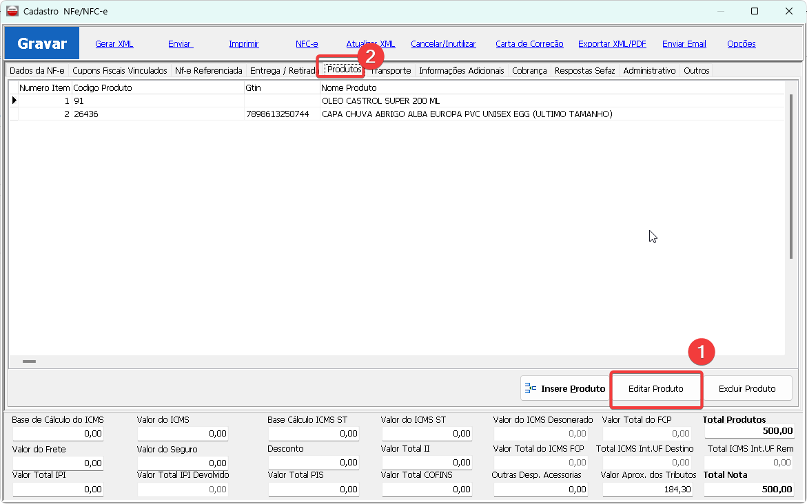 Aba Produtos e botão Editar Produto
