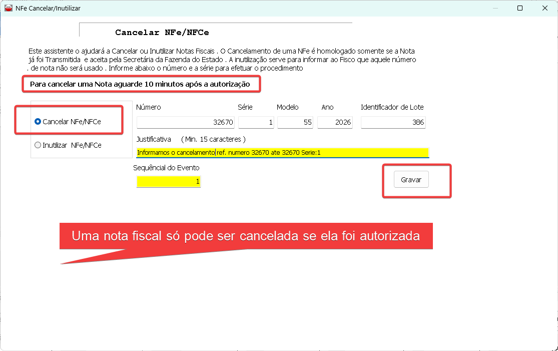 Tela de cancelamento com justificativa preenchida