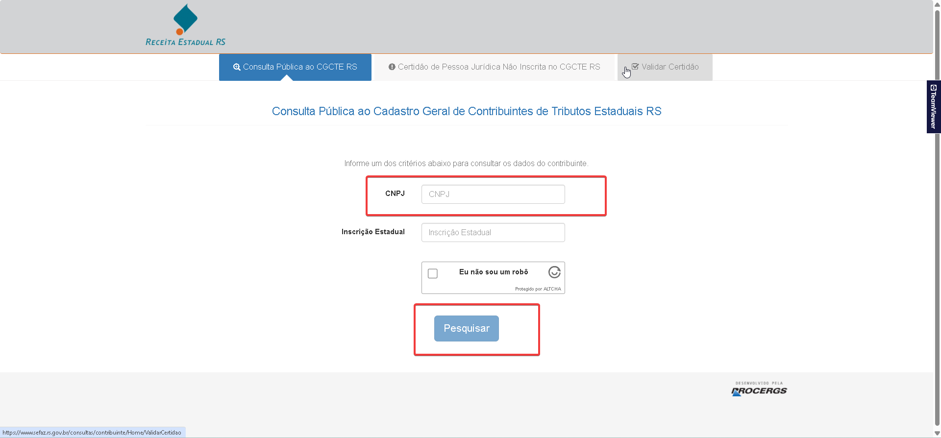 Tela de consulta pública ao CGCTE RS da SEFAZ