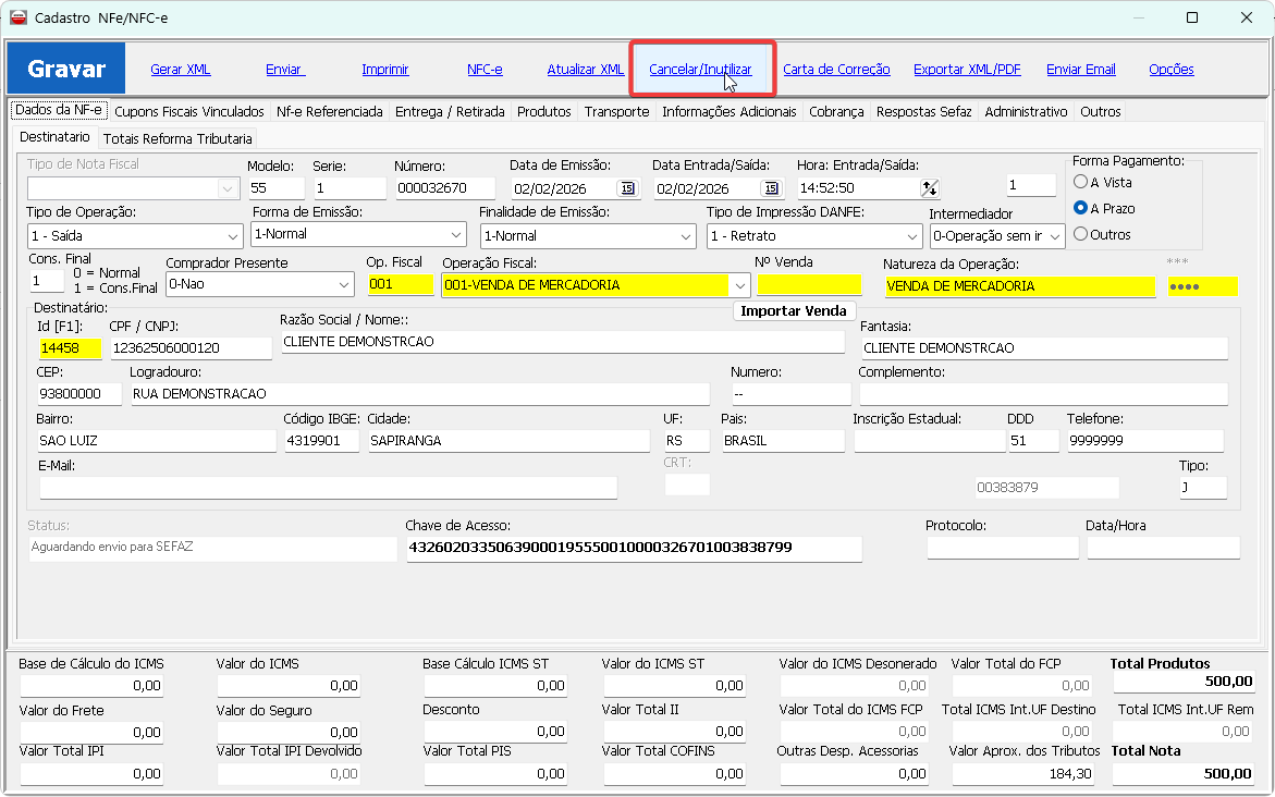 Cadastro NFe com botão Cancelar/Inutilizar destacado