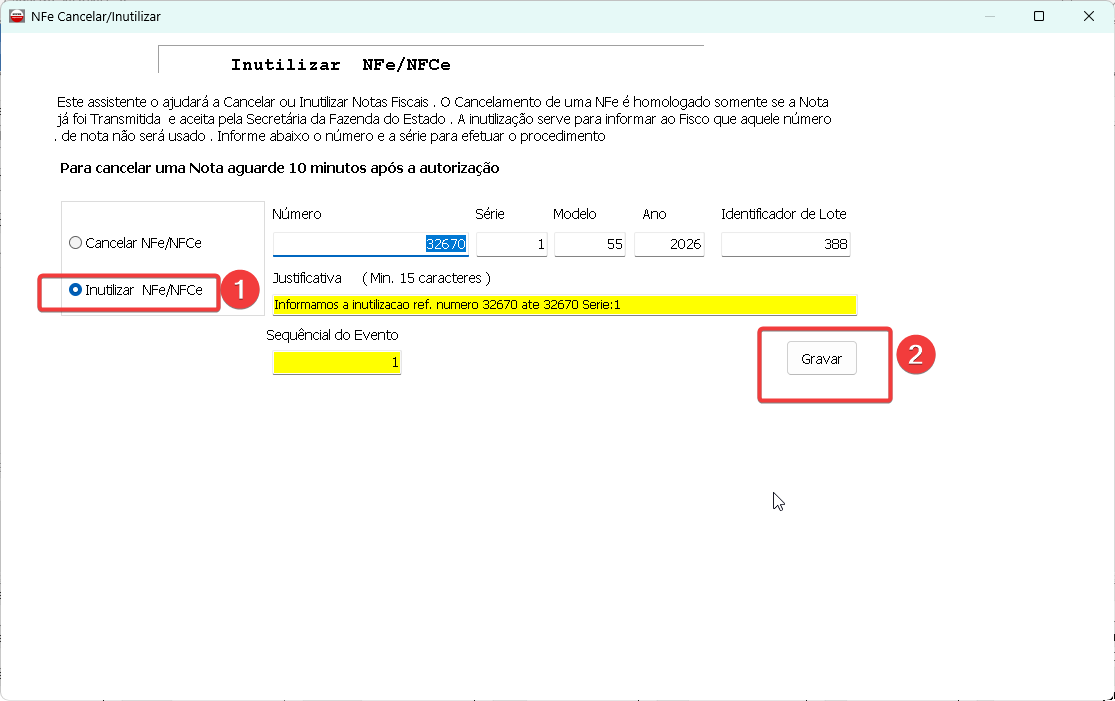 Formulário de inutilização com opção selecionada e botão Gravar