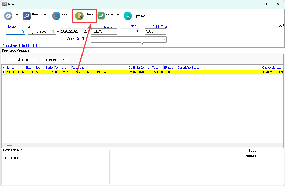 Selecionando nota e clicando em Alterar