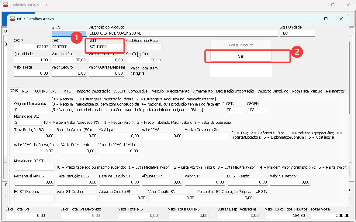 Campo NCM na janela de detalhes do produto