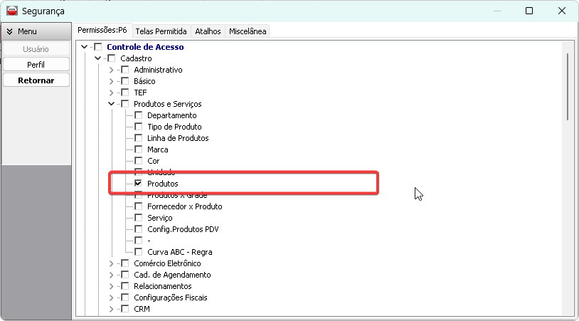 Liberando Menu Produtos