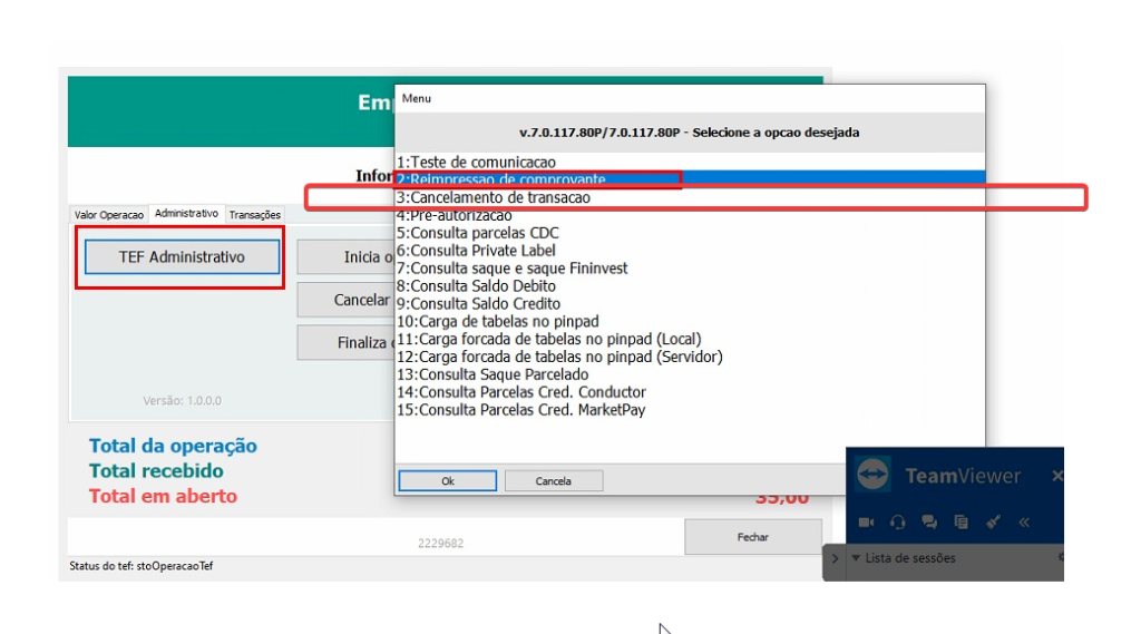 Menu TEF Administrativo