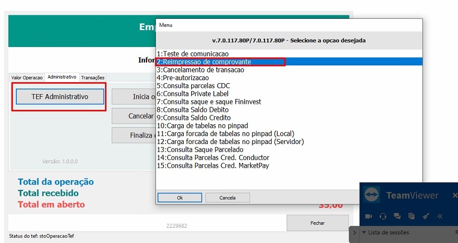 Menu Reimpressão de Comprovante
